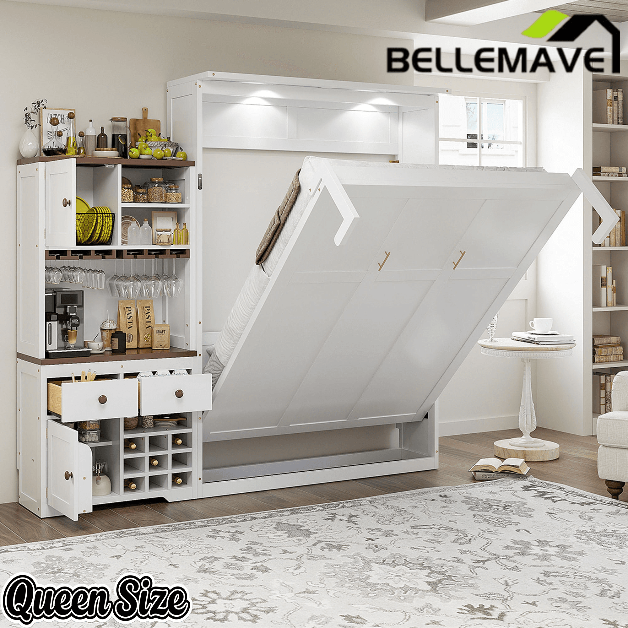 Bellemave® Queen Size Multifunction Murphy Bed with Storage Cabinet,Hideaway Beds with Wine Rack, Glass Holder, Drawers & Multi - Color LED Strip, White - Bellemave
