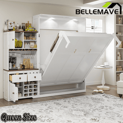 Bellemave® Queen Size Multifunction Murphy Bed with Storage Cabinet,Hideaway Beds with Wine Rack, Glass Holder, Drawers & Multi - Color LED Strip, White - Bellemave