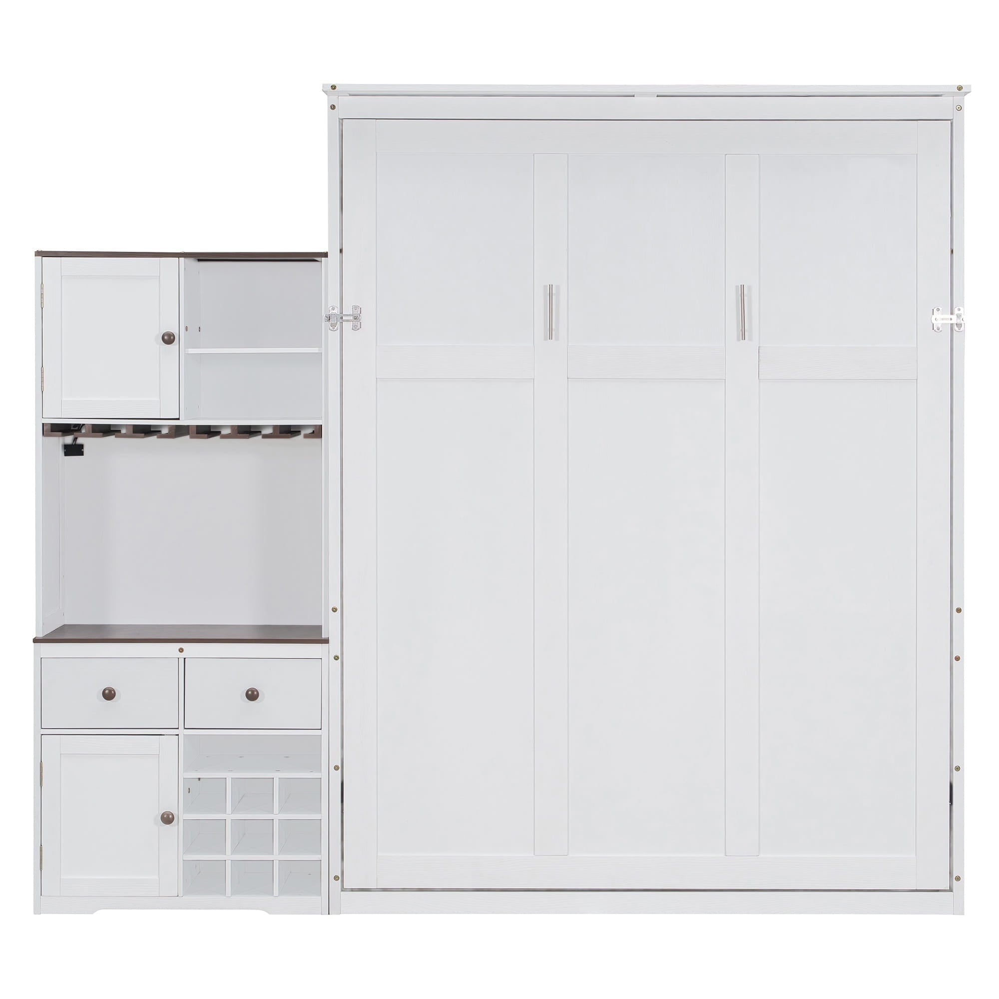 Bellemave® Queen Size Multifunction Murphy Bed with Storage Cabinet,Hideaway Beds with Wine Rack, Glass Holder, Drawers & Multi - Color LED Strip, White - Bellemave