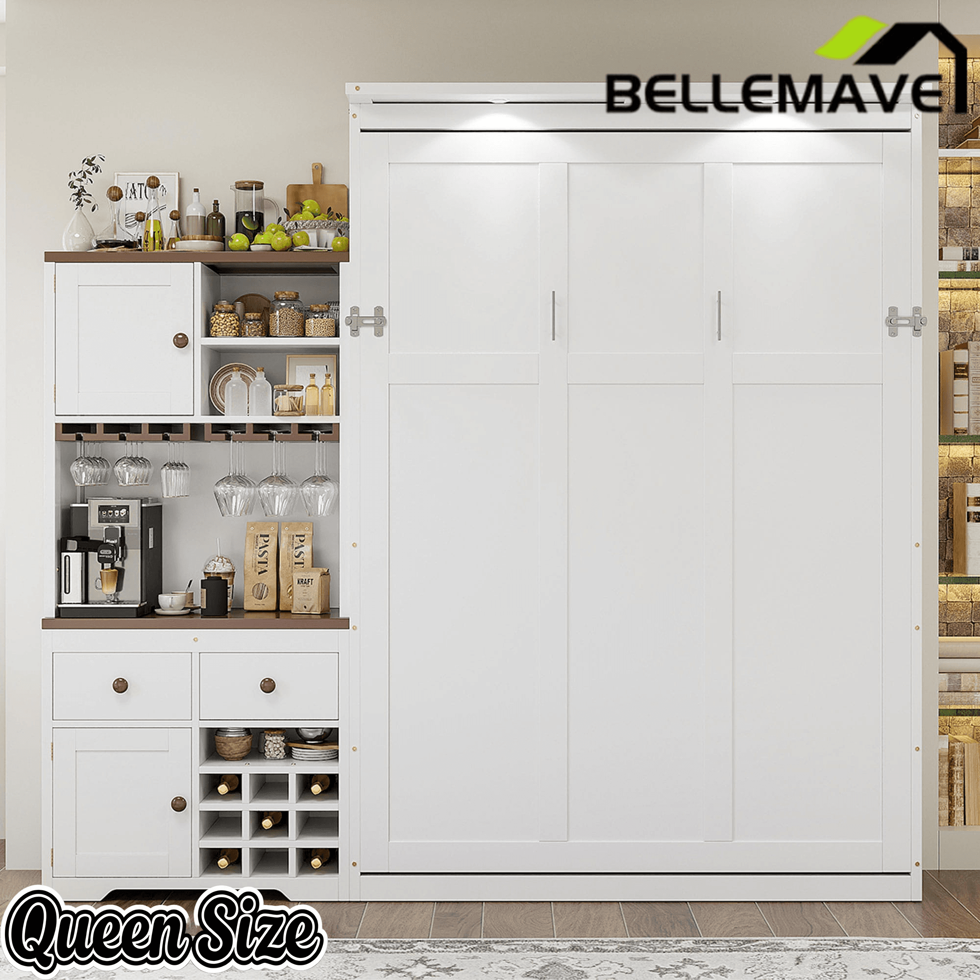Bellemave® Queen Size Multifunction Murphy Bed with Storage Cabinet,Hideaway Beds with Wine Rack, Glass Holder, Drawers & Multi - Color LED Strip, White - Bellemave