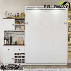Bellemave® Queen Size Multifunction Murphy Bed with Storage Cabinet,Hideaway Beds with Wine Rack, Glass Holder, Drawers & Multi - Color LED Strip, White - Bellemave