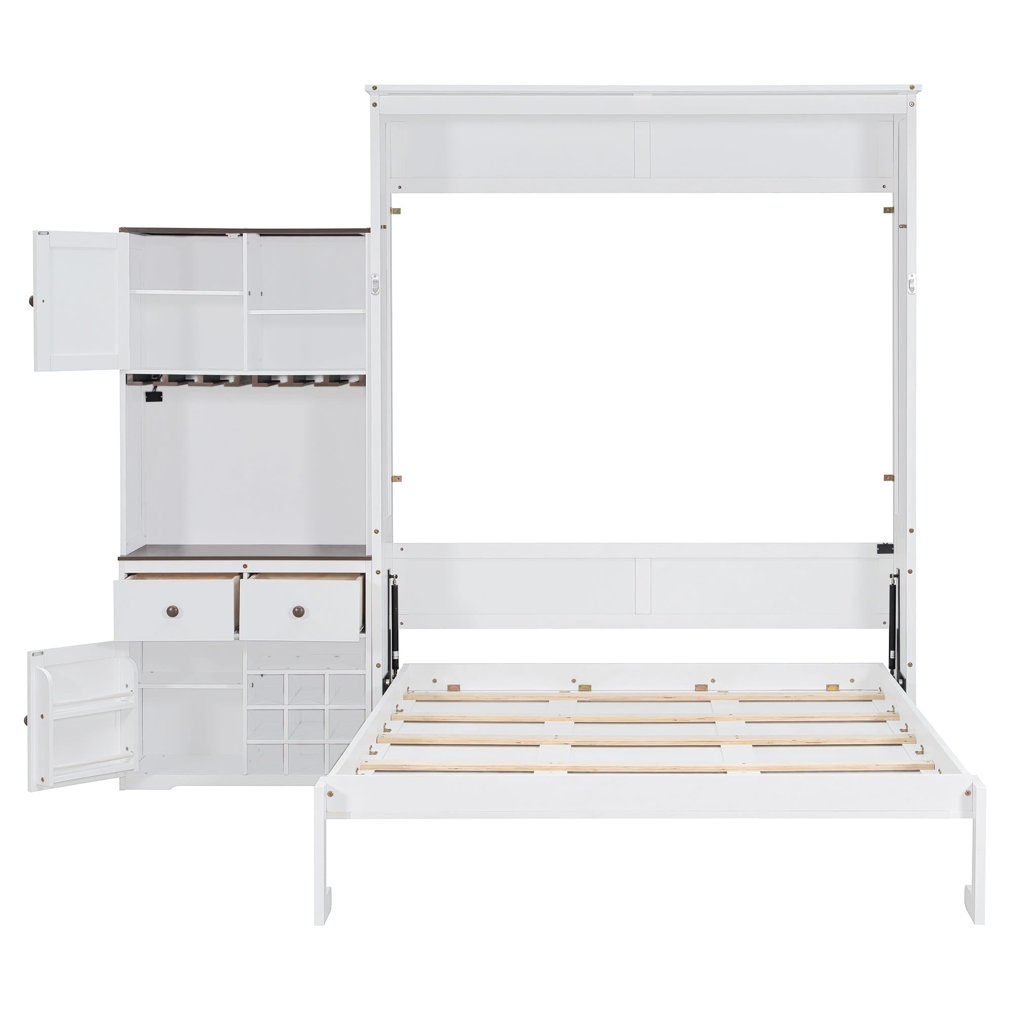 Bellemave® Queen Size Multifunction Murphy Bed with Storage Cabinet,Hideaway Beds with Wine Rack, Glass Holder, Drawers & Multi - Color LED Strip, White - Bellemave