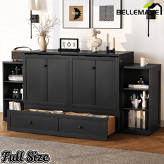 Bellemave® Queen Size Murphy Bed, Cabinet Bed with 2 Shelves and Storage Drawers, Farmhouse Murphy Cabinet, Noisy Free, for Guest Bedroom, Living Room, Office, White - Bellemave