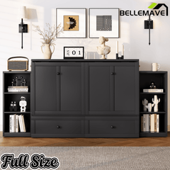 Bellemave® Queen Size Murphy Bed, Cabinet Bed with 2 Shelves and Storage Drawers, Farmhouse Murphy Cabinet, Noisy Free, for Guest Bedroom, Living Room, Office, White - Bellemave