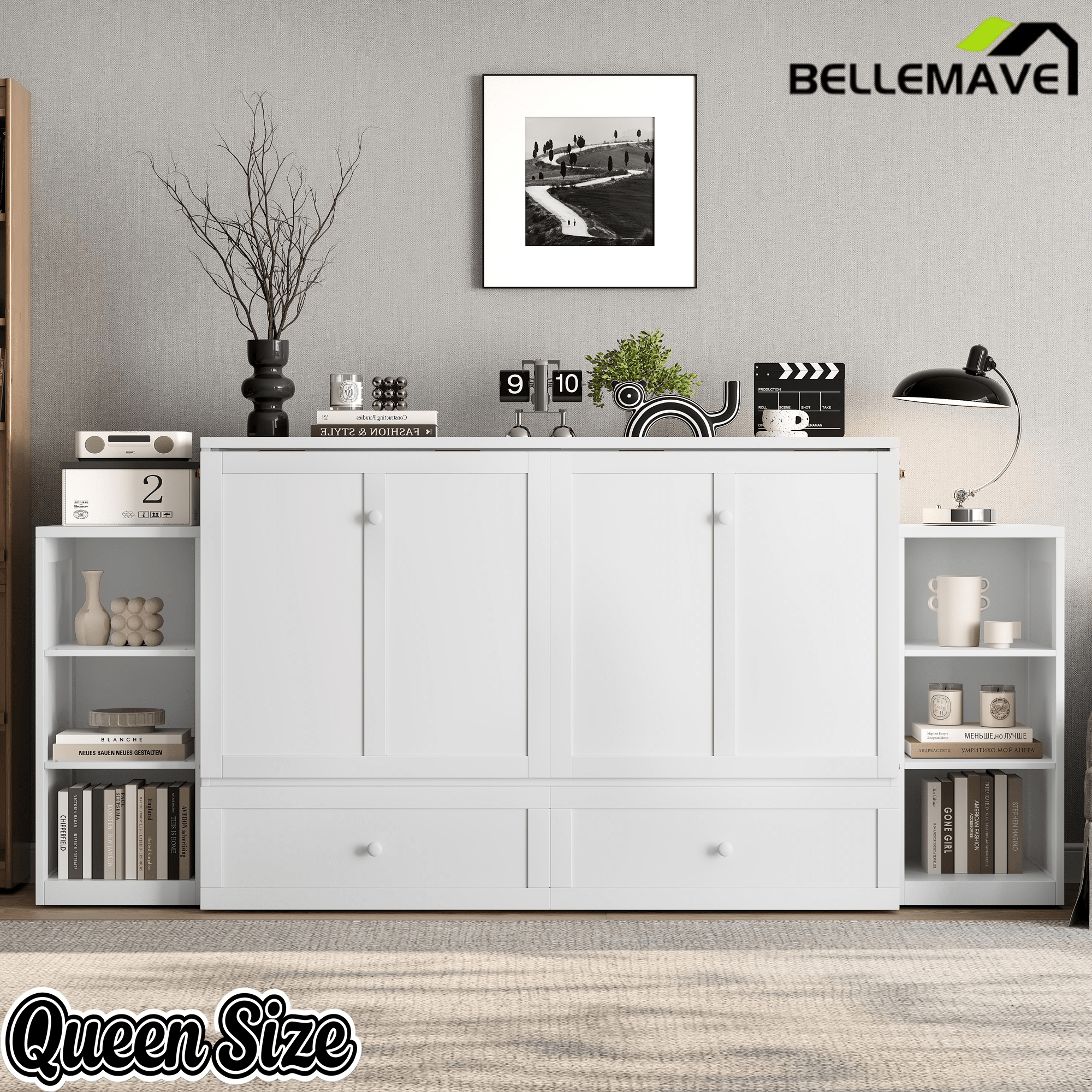 Bellemave® Queen Size Murphy Bed, Cabinet Bed with 2 Shelves and Storage Drawers, Farmhouse Murphy Cabinet, Noisy Free, for Guest Bedroom, Living Room, Office, White - Bellemave