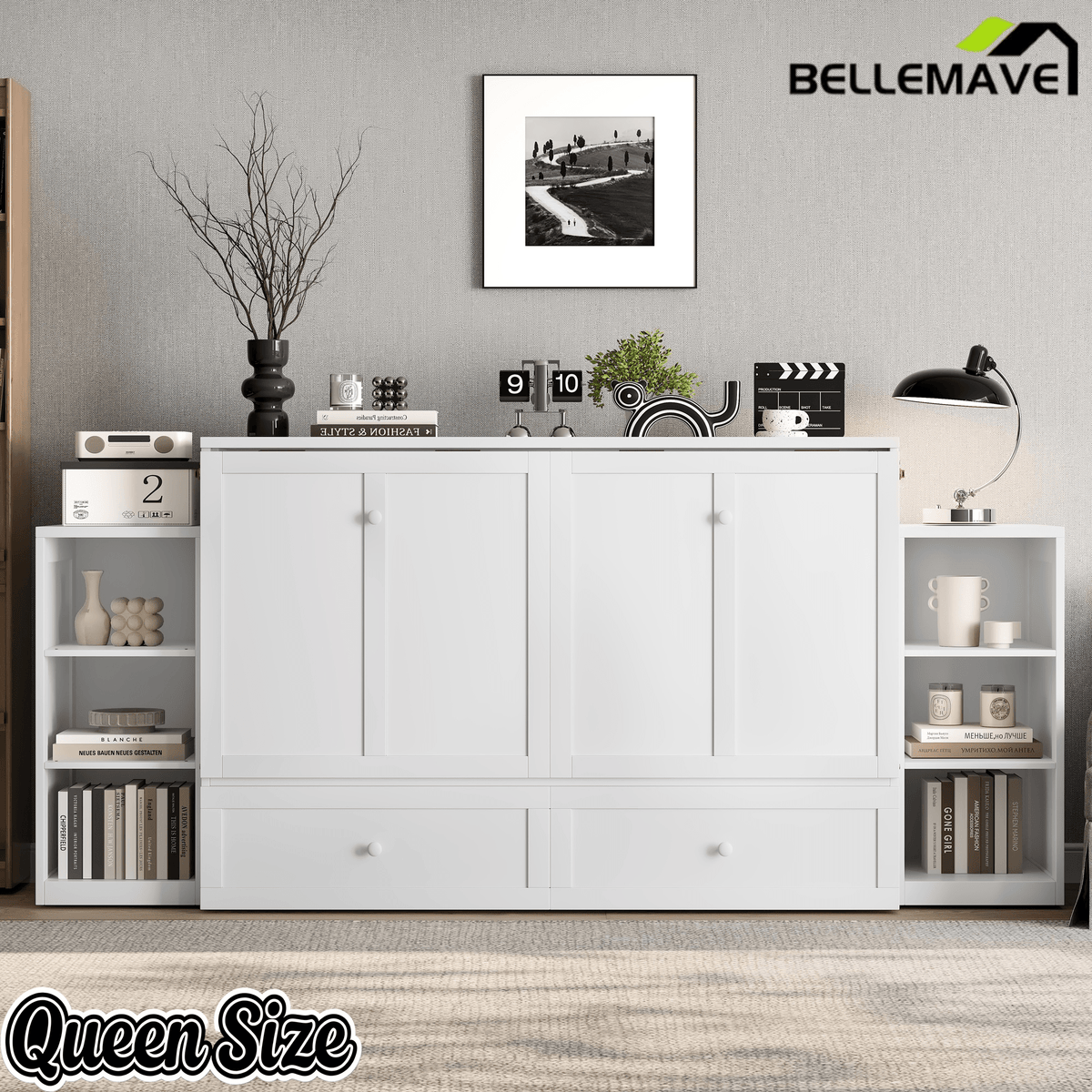 Bellemave® Queen Size Murphy Bed, Cabinet Bed with 2 Shelves and Storage Drawers, Farmhouse Murphy Cabinet, Noisy Free, for Guest Bedroom, Living Room, Office, White - Bellemave
