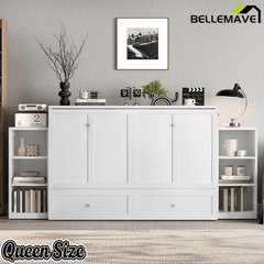 Bellemave® Queen Size Murphy Bed, Cabinet Bed with 2 Shelves and Storage Drawers, Farmhouse Murphy Cabinet, Noisy Free, for Guest Bedroom, Living Room, Office, White - Bellemave