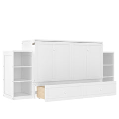 Bellemave® Queen Size Murphy Bed, Cabinet Bed with 2 Shelves and Storage Drawers, Farmhouse Murphy Cabinet, Noisy Free, for Guest Bedroom, Living Room, Office, White - Bellemave