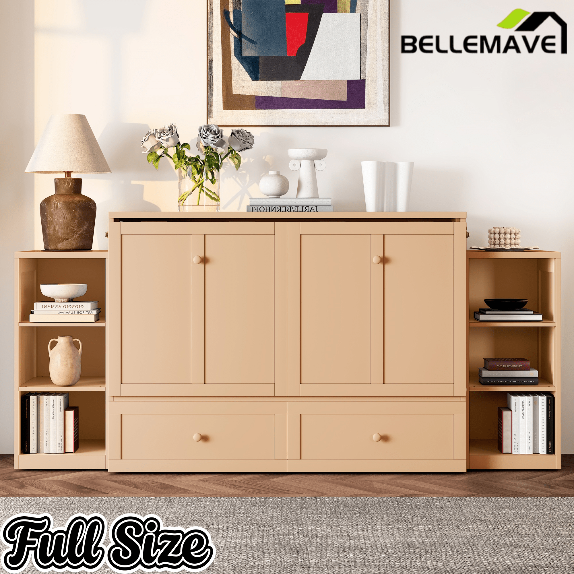 Bellemave® Queen Size Murphy Bed, Cabinet Bed with 2 Shelves and Storage Drawers, Farmhouse Murphy Cabinet, Noisy Free, for Guest Bedroom, Living Room, Office, White - Bellemave