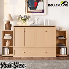 Bellemave® Queen Size Murphy Bed, Cabinet Bed with 2 Shelves and Storage Drawers, Farmhouse Murphy Cabinet, Noisy Free, for Guest Bedroom, Living Room, Office, White - Bellemave