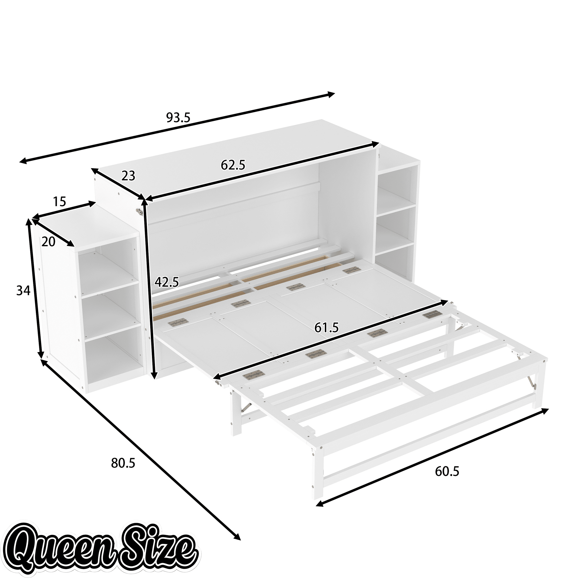 Bellemave® Queen Size Murphy Bed, Cabinet Bed with 2 Shelves and Storage Drawers, Farmhouse Murphy Cabinet, Noisy Free, for Guest Bedroom, Living Room, Office, White - Bellemave