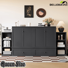 Bellemave® Queen Size Murphy Bed, Cabinet Bed with 2 Shelves and Storage Drawers, Farmhouse Murphy Cabinet, Noisy Free, for Guest Bedroom, Living Room, Office, White - Bellemave