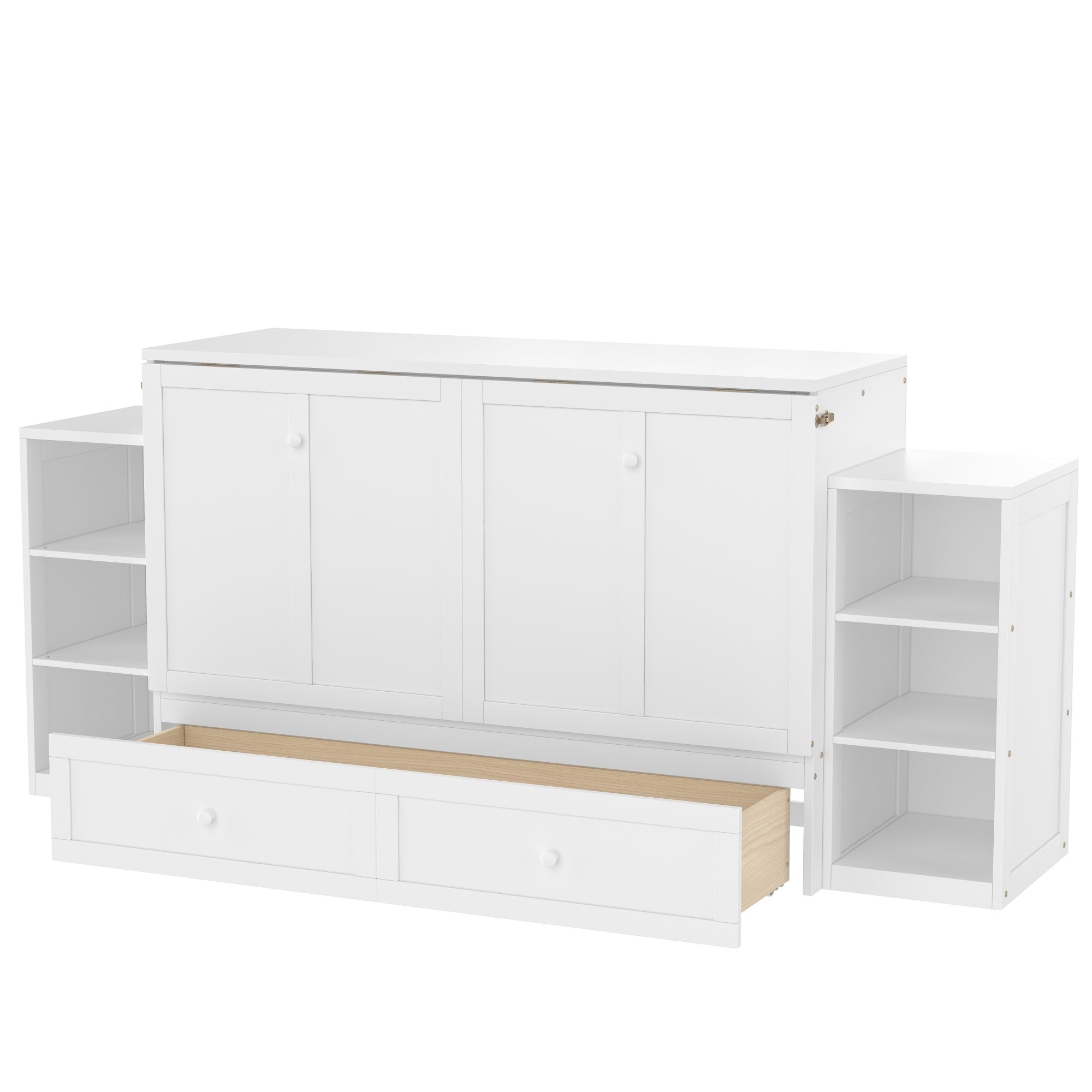 Bellemave® Queen Size Murphy Bed, Cabinet Bed with 2 Shelves and Storage Drawers, Farmhouse Murphy Cabinet, Noisy Free, for Guest Bedroom, Living Room, Office, White - Bellemave