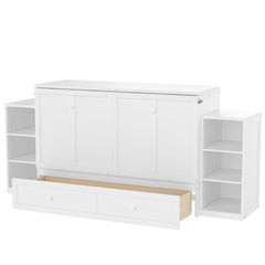 Bellemave® Queen Size Murphy Bed, Cabinet Bed with 2 Shelves and Storage Drawers, Farmhouse Murphy Cabinet, Noisy Free, for Guest Bedroom, Living Room, Office, White - Bellemave