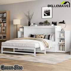 Bellemave® Queen Size Murphy Bed, Cabinet Bed with 2 Shelves and Storage Drawers, Farmhouse Murphy Cabinet, Noisy Free, for Guest Bedroom, Living Room, Office, White - Bellemave