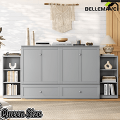 Bellemave® Queen Size Murphy Bed, Cabinet Bed with 2 Shelves and Storage Drawers, Farmhouse Murphy Cabinet, Noisy Free, for Guest Bedroom, Living Room, Office, White - Bellemave