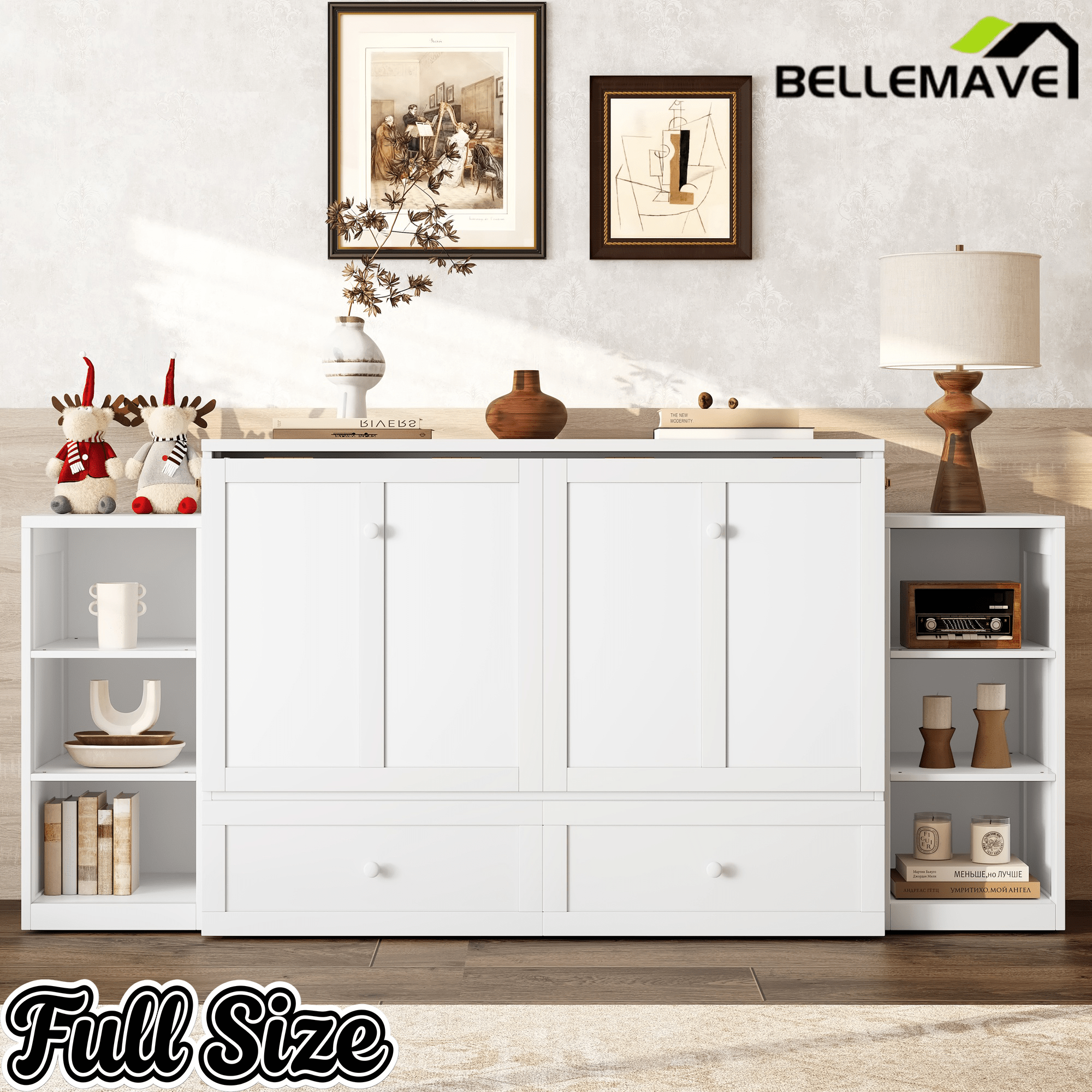 Bellemave® Queen Size Murphy Bed, Cabinet Bed with 2 Shelves and Storage Drawers, Farmhouse Murphy Cabinet, Noisy Free, for Guest Bedroom, Living Room, Office, White - Bellemave