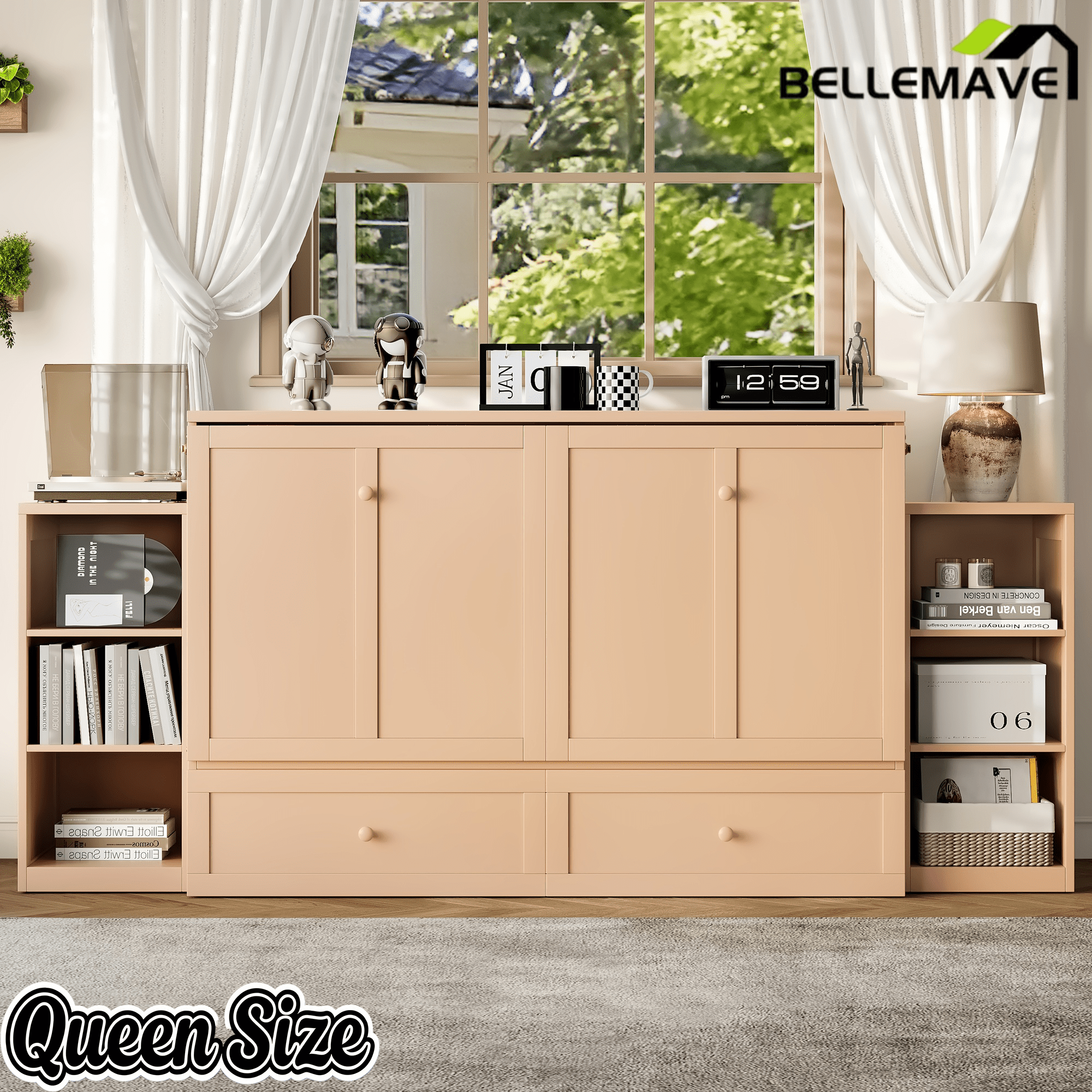 Bellemave® Queen Size Murphy Bed, Cabinet Bed with 2 Shelves and Storage Drawers, Farmhouse Murphy Cabinet, Noisy Free, for Guest Bedroom, Living Room, Office, White - Bellemave