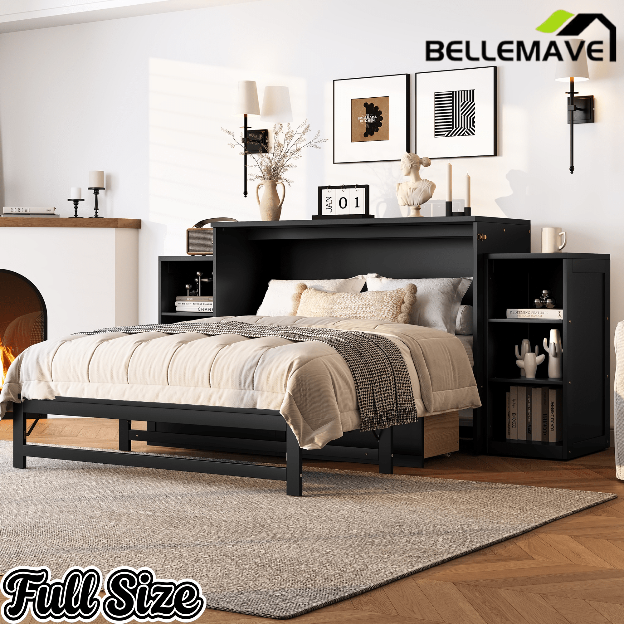 Bellemave® Queen Size Murphy Bed, Cabinet Bed with 2 Shelves and Storage Drawers, Farmhouse Murphy Cabinet, Noisy Free, for Guest Bedroom, Living Room, Office, White - Bellemave