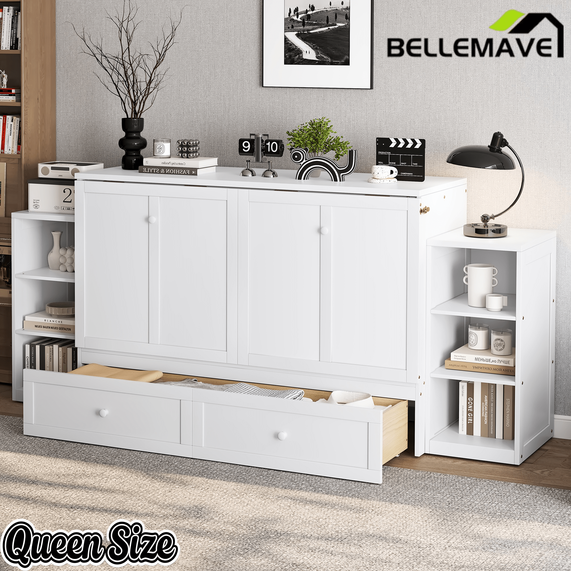 Bellemave® Queen Size Murphy Bed, Cabinet Bed with 2 Shelves and Storage Drawers, Farmhouse Murphy Cabinet, Noisy Free, for Guest Bedroom, Living Room, Office, White - Bellemave