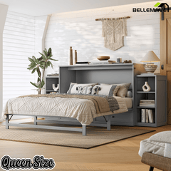Bellemave® Queen Size Murphy Bed, Cabinet Bed with 2 Shelves & Storage Drawers, Farmhouse Murphy Cabinet - Bellemave