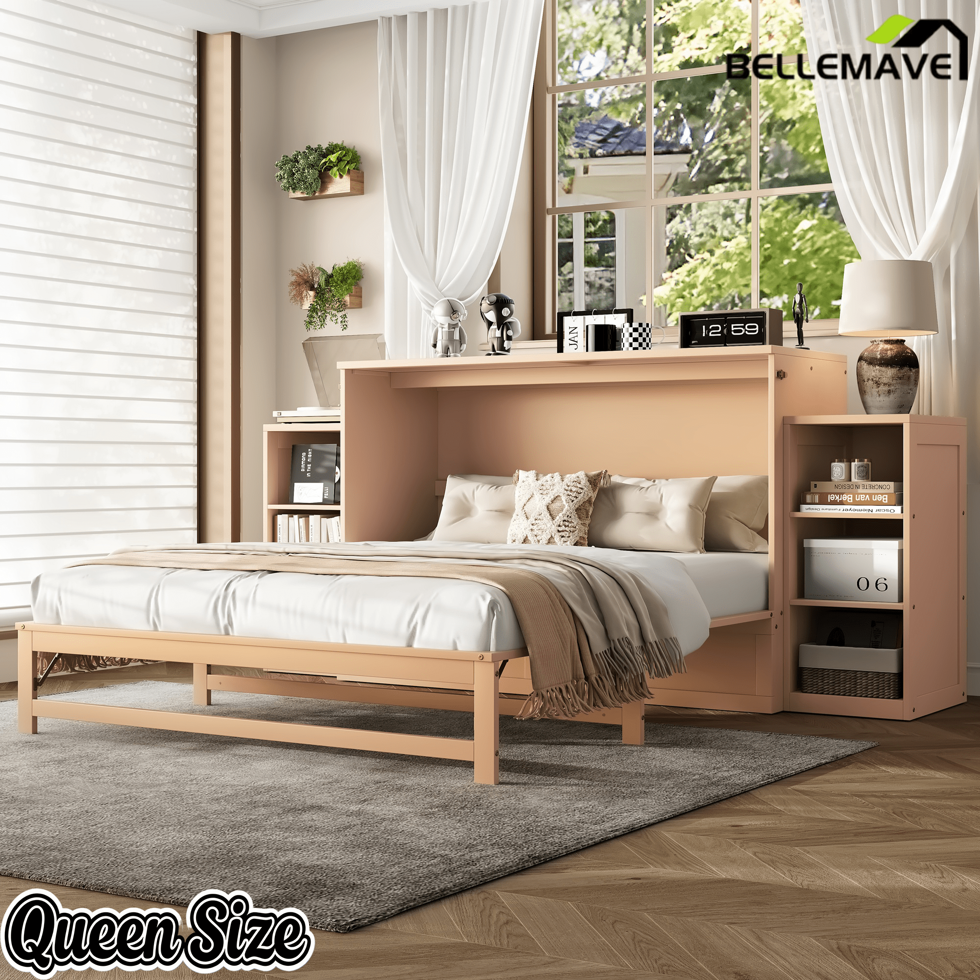 Bellemave® Queen Size Murphy Bed, Cabinet Bed with 2 Shelves & Storage Drawers, Farmhouse Murphy Cabinet - Bellemave