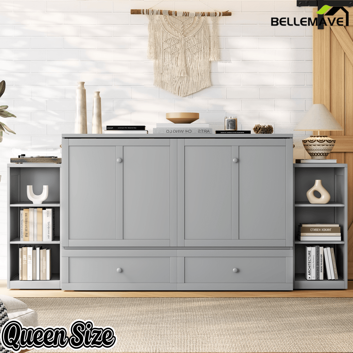 Bellemave® Queen Size Murphy Bed, Cabinet Bed with 2 Shelves & Storage Drawers, Farmhouse Murphy Cabinet - Bellemave