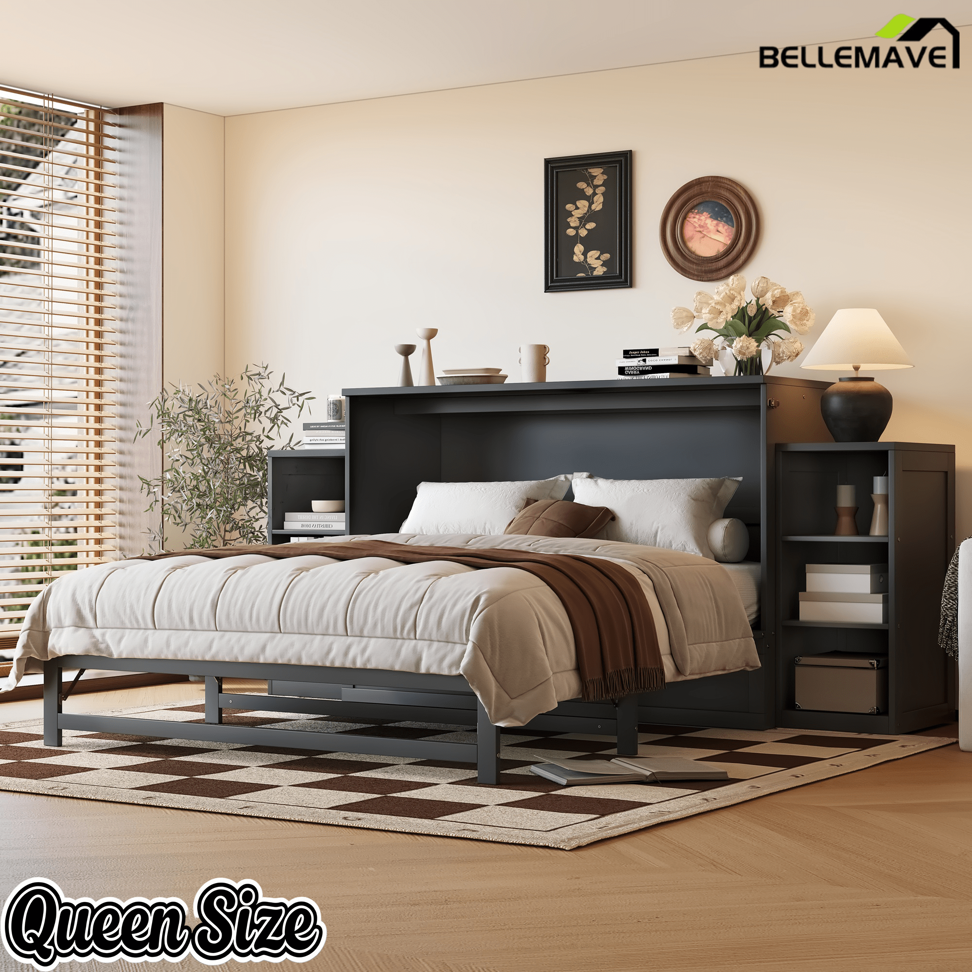 Bellemave® Queen Size Murphy Bed, Cabinet Bed with 2 Shelves & Storage Drawers, Farmhouse Murphy Cabinet - Bellemave