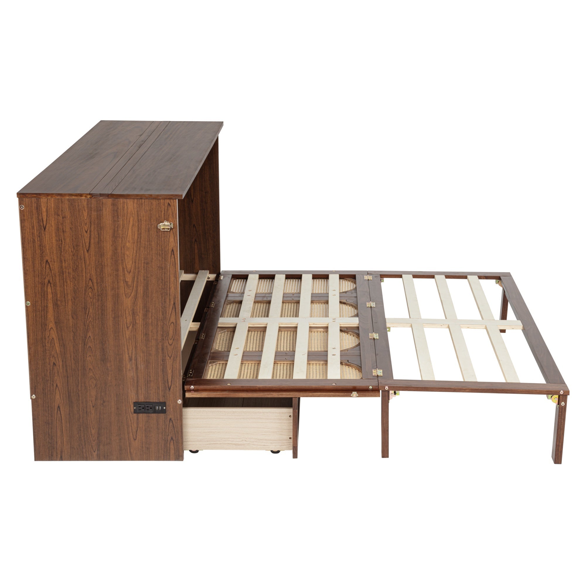 Bellemave® Queen Size Murphy Bed Cabinet with Storage Drawers, USB Charging Station, Retro Rattan Style Foldable Hidden Dresser Bed, Murphy Chest Cube Bed for Adults, Walnut - Bellemave