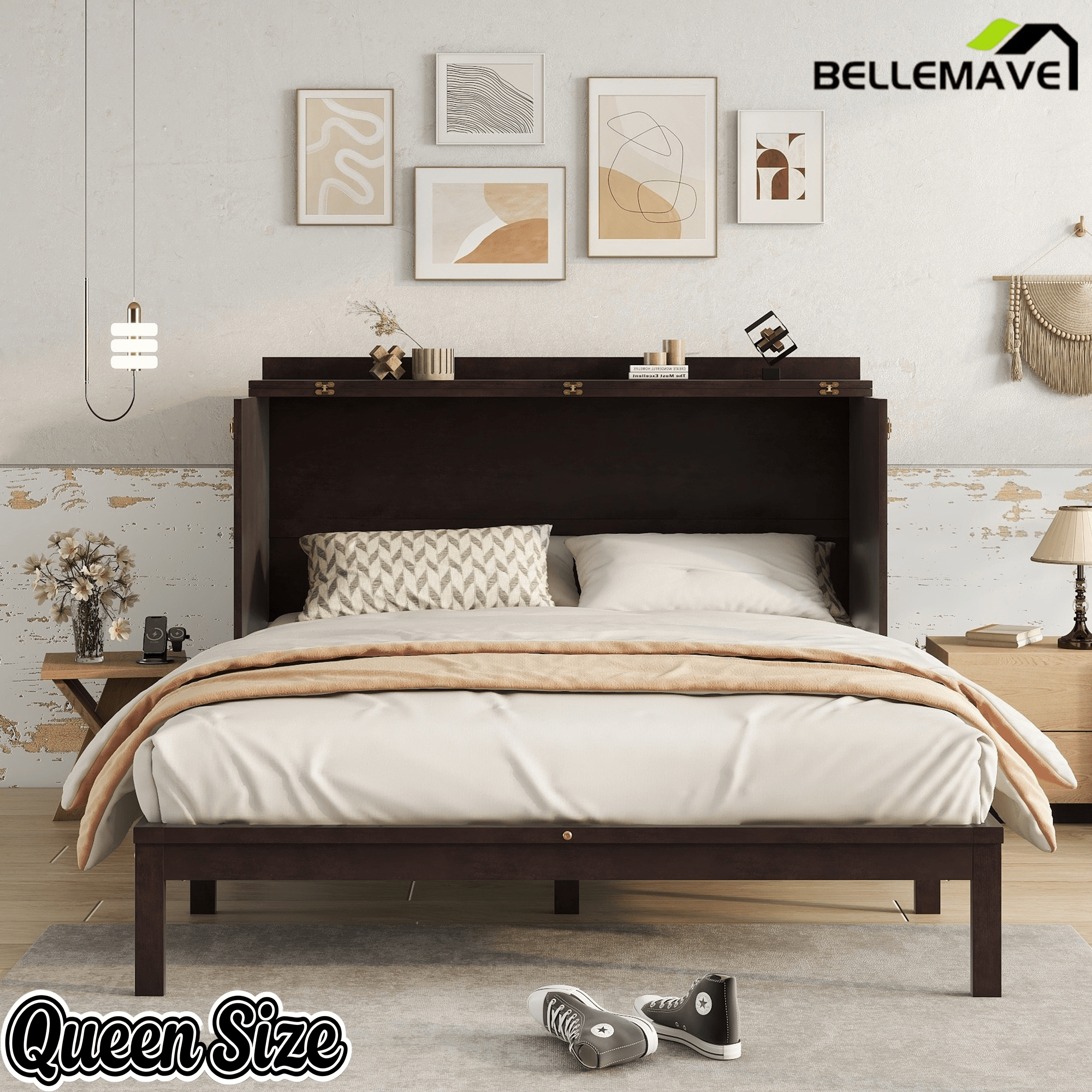 Bellemave® Queen Size Murphy Bed Cabinet with Storage Drawers, USB Charging Station, Retro Rattan Style Foldable Hidden Dresser Bed, Murphy Chest Cube Bed for Adults, Walnut - Bellemave