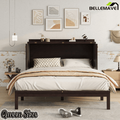 Bellemave® Queen Size Murphy Bed Cabinet with Storage Drawers, USB Charging Station, Retro Rattan Style Foldable Hidden Dresser Bed, Murphy Chest Cube Bed for Adults, Walnut - Bellemave