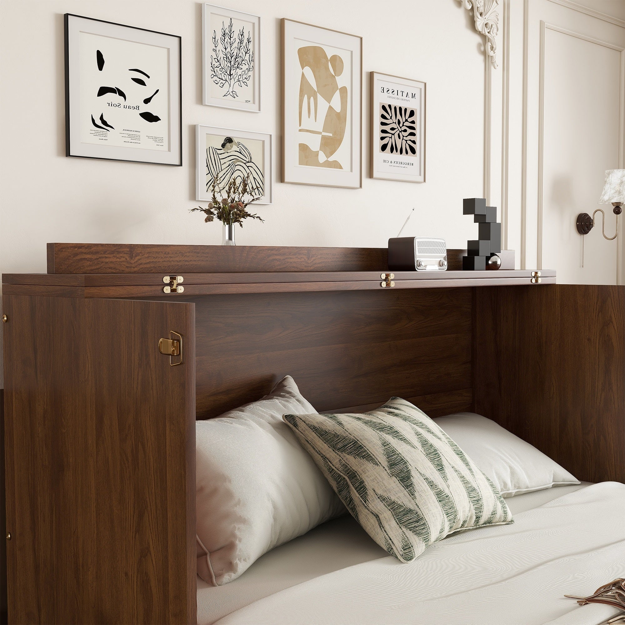 Bellemave® Queen Size Murphy Bed Cabinet with Storage Drawers, USB Charging Station, Retro Rattan Style Foldable Hidden Dresser Bed, Murphy Chest Cube Bed for Adults, Walnut - Bellemave