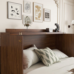 Bellemave® Queen Size Murphy Bed Cabinet with Storage Drawers, USB Charging Station, Retro Rattan Style Foldable Hidden Dresser Bed, Murphy Chest Cube Bed for Adults, Walnut - Bellemave