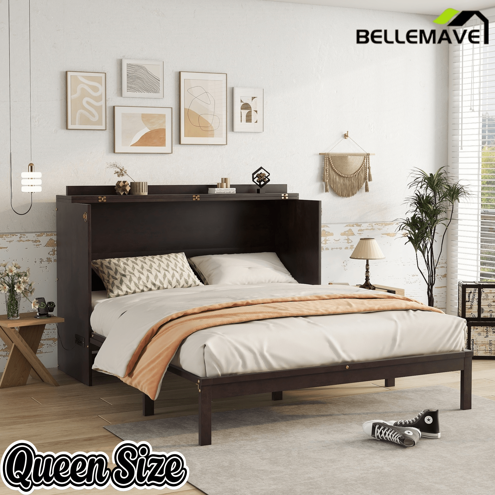 Bellemave® Queen Size Murphy Bed Cabinet with Storage Drawers, USB Charging Station, Retro Rattan Style Foldable Hidden Dresser Bed, Murphy Chest Cube Bed for Adults, Walnut - Bellemave