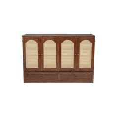 Bellemave® Queen Size Murphy Bed Cabinet with Storage Drawers, USB Charging Station, Retro Rattan Style Foldable Hidden Dresser Bed, Murphy Chest Cube Bed for Adults, Walnut - Bellemave