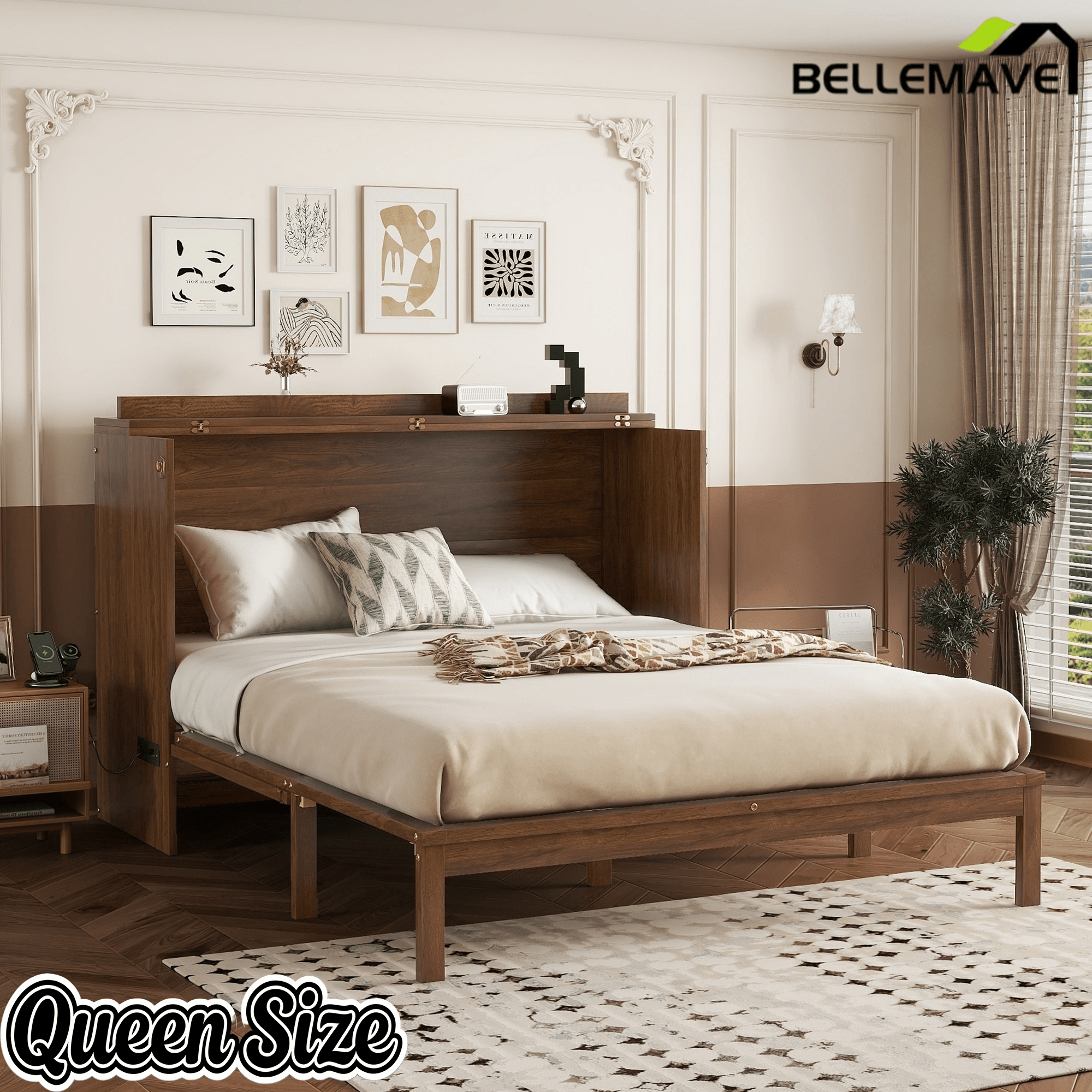 Bellemave® Queen Size Murphy Bed Cabinet with Storage Drawers, USB Charging Station, Retro Rattan Style Foldable Hidden Dresser Bed, Murphy Chest Cube Bed for Adults, Walnut - Bellemave