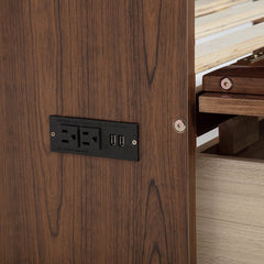 Bellemave® Queen Size Murphy Bed Cabinet with Storage Drawers, USB Charging Station, Retro Rattan Style Foldable Hidden Dresser Bed, Murphy Chest Cube Bed for Adults, Walnut - Bellemave