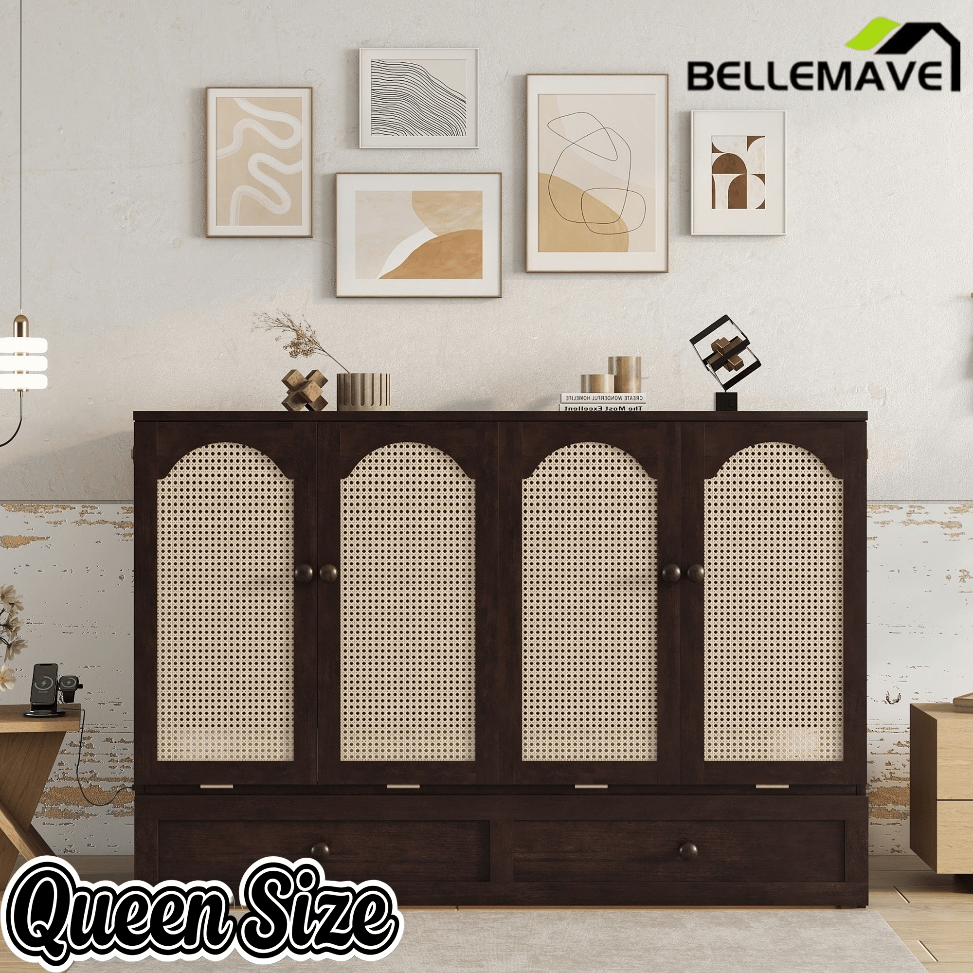 Bellemave® Queen Size Murphy Bed Cabinet with Storage Drawers, USB Charging Station, Retro Rattan Style Foldable Hidden Dresser Bed, Murphy Chest Cube Bed for Adults, Walnut - Bellemave