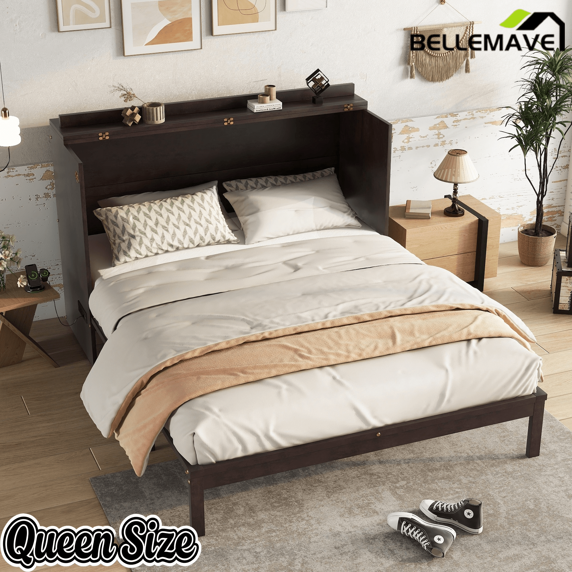 Bellemave® Queen Size Murphy Bed Cabinet with Storage Drawers, USB Charging Station, Retro Rattan Style Foldable Hidden Dresser Bed, Murphy Chest Cube Bed for Adults, Walnut - Bellemave