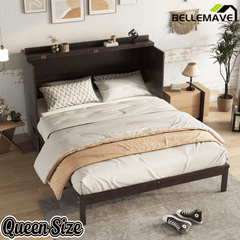 Bellemave® Queen Size Murphy Bed Cabinet with Storage Drawers, USB Charging Station, Retro Rattan Style Foldable Hidden Dresser Bed, Murphy Chest Cube Bed for Adults, Walnut - Bellemave