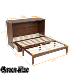 Bellemave® Queen Size Murphy Bed Cabinet with Storage Drawers, USB Charging Station, Retro Rattan Style Foldable Hidden Dresser Bed, Murphy Chest Cube Bed for Adults, Walnut - Bellemave