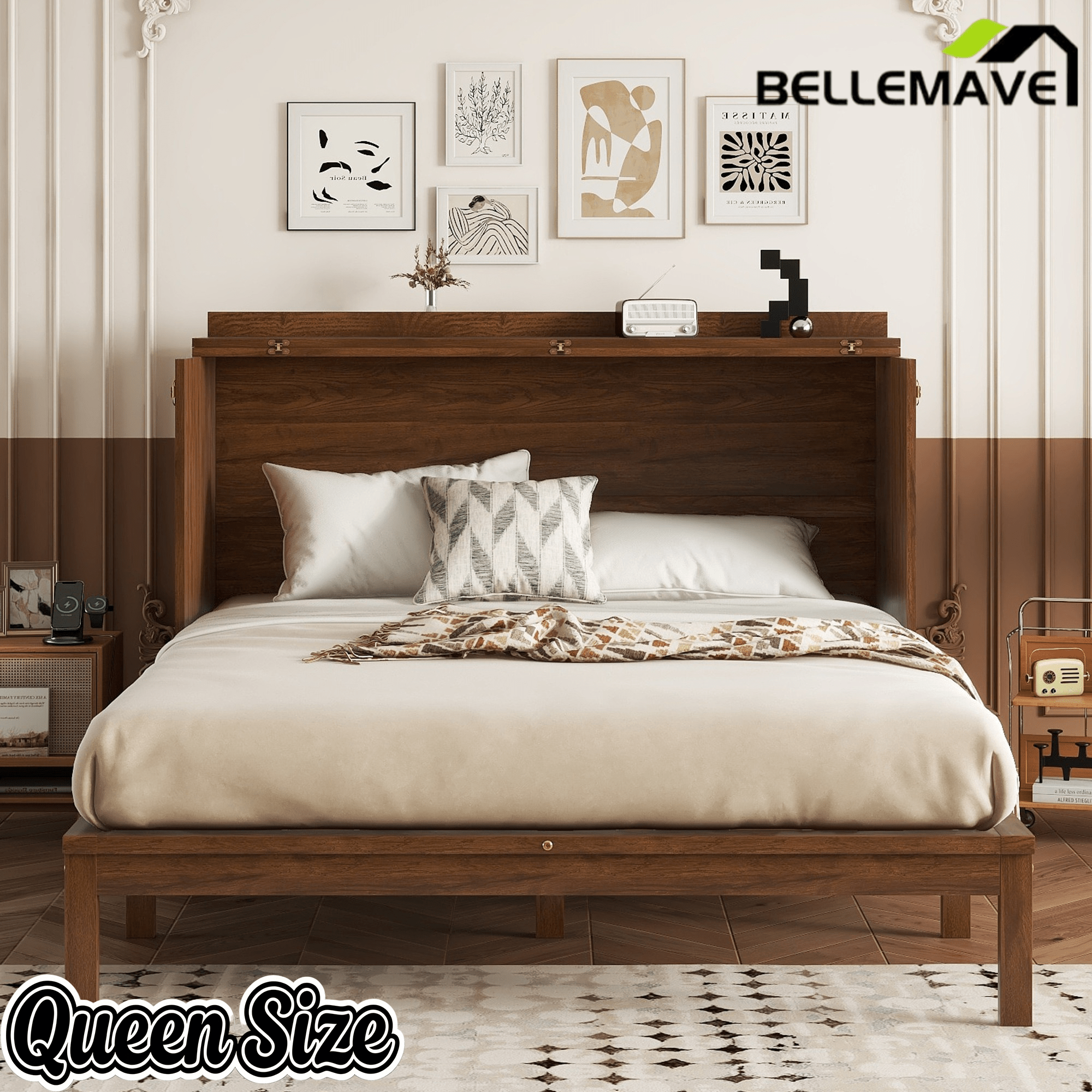 Bellemave® Queen Size Murphy Bed Cabinet with Storage Drawers, USB Charging Station, Retro Rattan Style Foldable Hidden Dresser Bed, Murphy Chest Cube Bed for Adults, Walnut - Bellemave