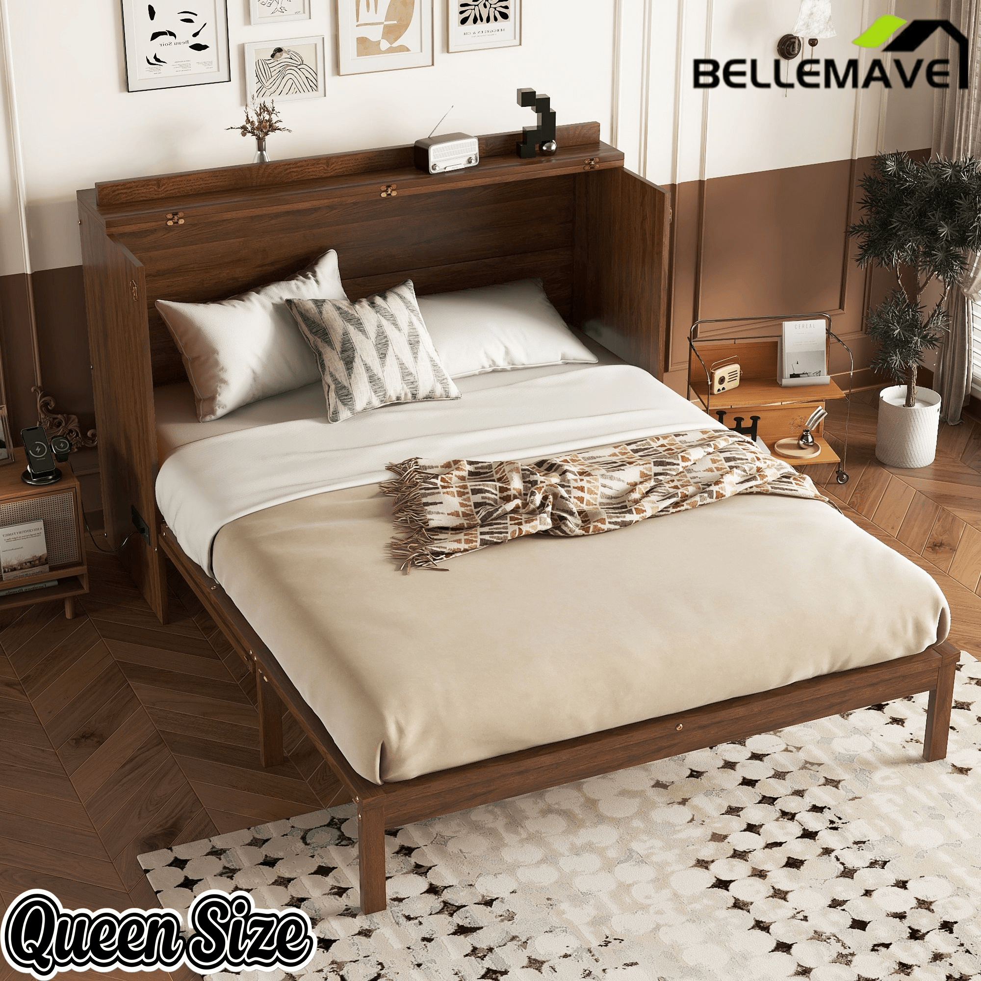 Bellemave® Queen Size Murphy Bed Cabinet with Storage Drawers, USB Charging Station, Retro Rattan Style Foldable Hidden Dresser Bed, Murphy Chest Cube Bed for Adults, Walnut - Bellemave