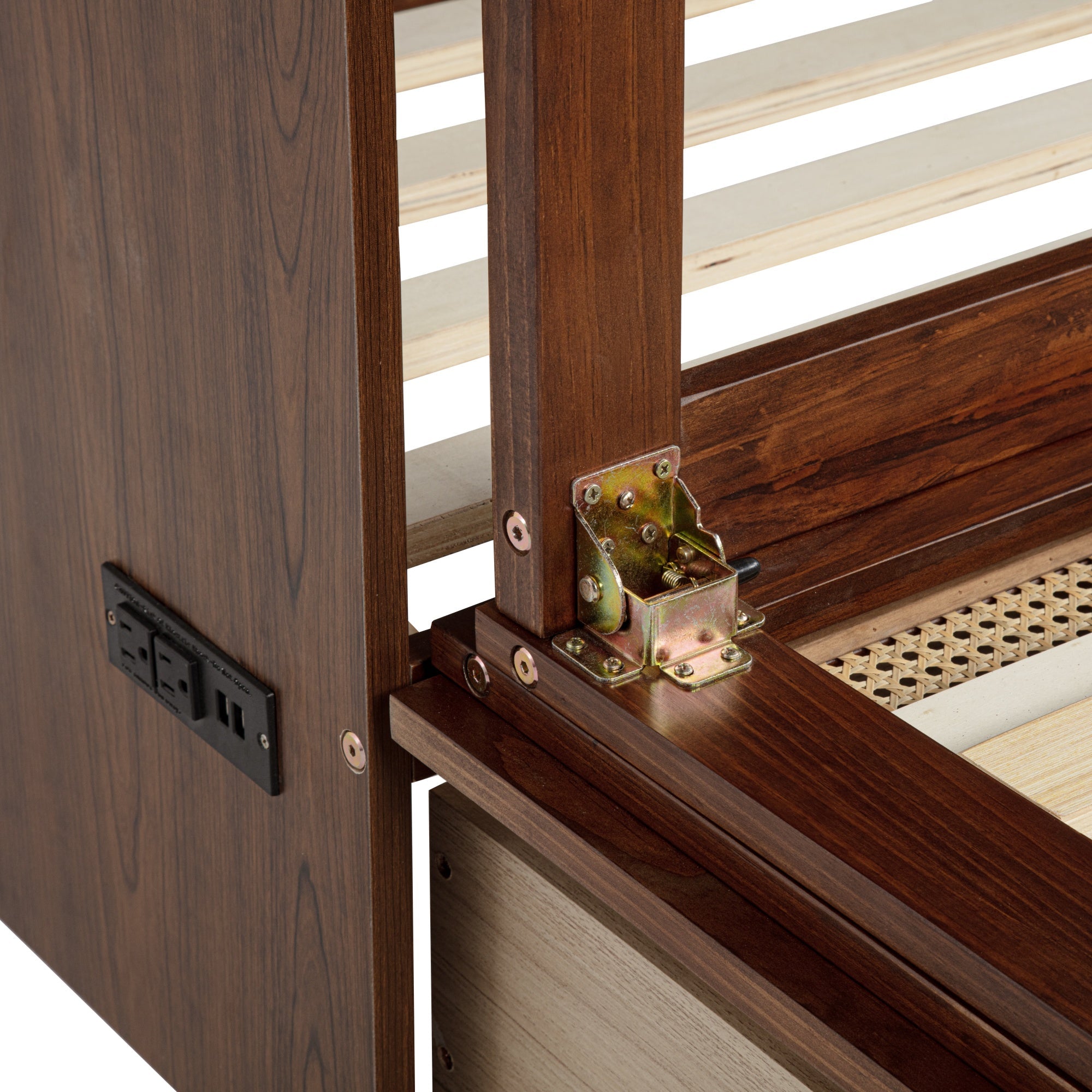 Bellemave® Queen Size Murphy Bed Cabinet with Storage Drawers, USB Charging Station, Retro Rattan Style Foldable Hidden Dresser Bed, Murphy Chest Cube Bed for Adults, Walnut - Bellemave