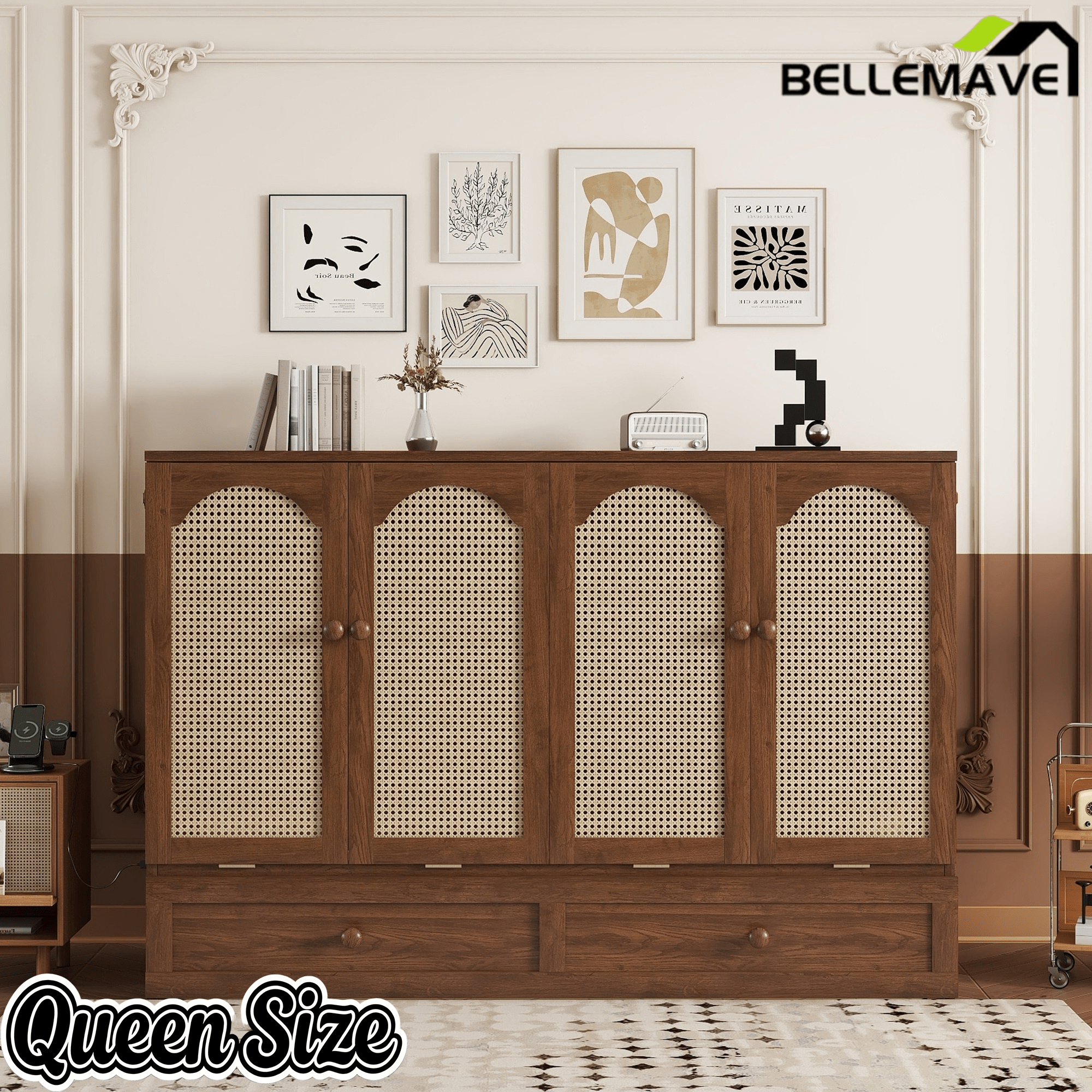 Bellemave® Queen Size Murphy Bed Cabinet with Storage Drawers, USB Charging Station, Retro Rattan Style Foldable Hidden Dresser Bed, Murphy Chest Cube Bed for Adults, Walnut - Bellemave