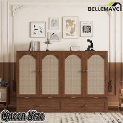 Bellemave® Queen Size Murphy Bed Cabinet with Storage Drawers, USB Charging Station, Retro Rattan Style Foldable Hidden Dresser Bed, Murphy Chest Cube Bed for Adults, Walnut - Bellemave