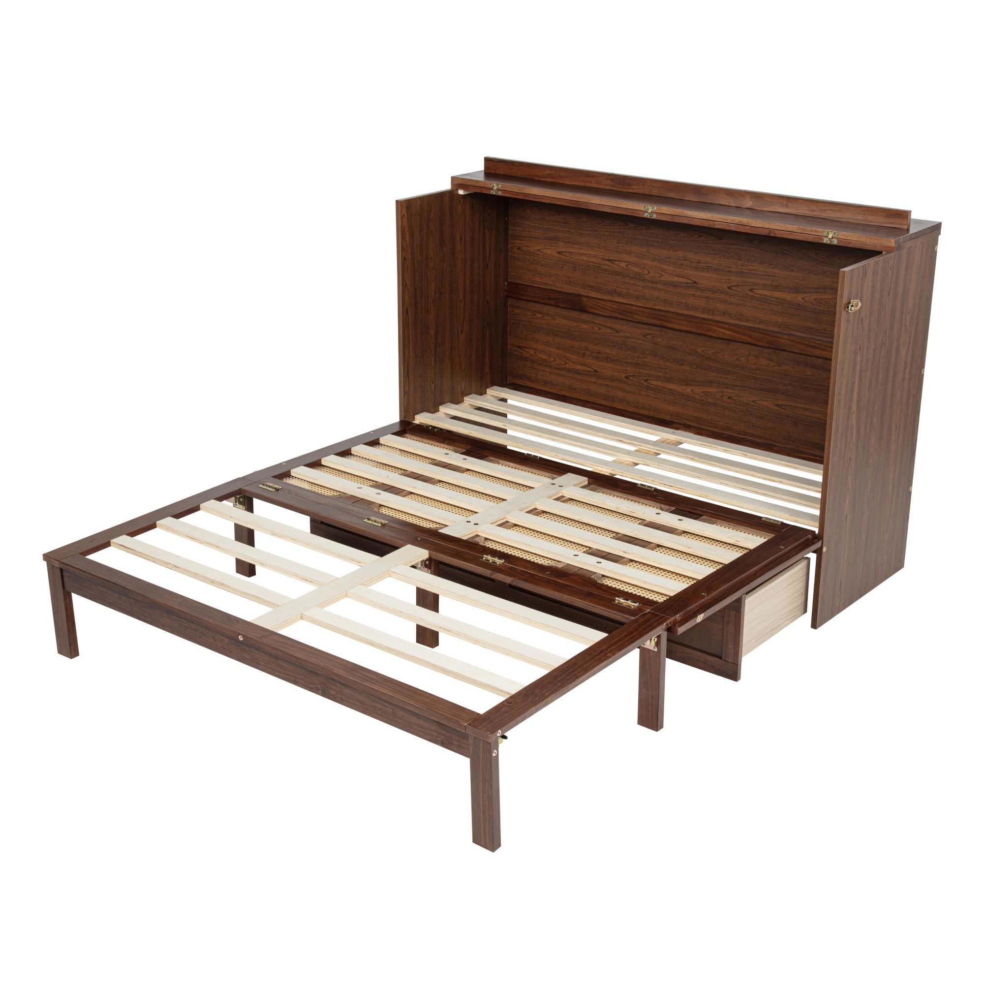 Bellemave® Queen Size Murphy Bed Cabinet with Storage Drawers, USB Charging Station, Retro Rattan Style Foldable Hidden Dresser Bed, Murphy Chest Cube Bed for Adults, Walnut - Bellemave