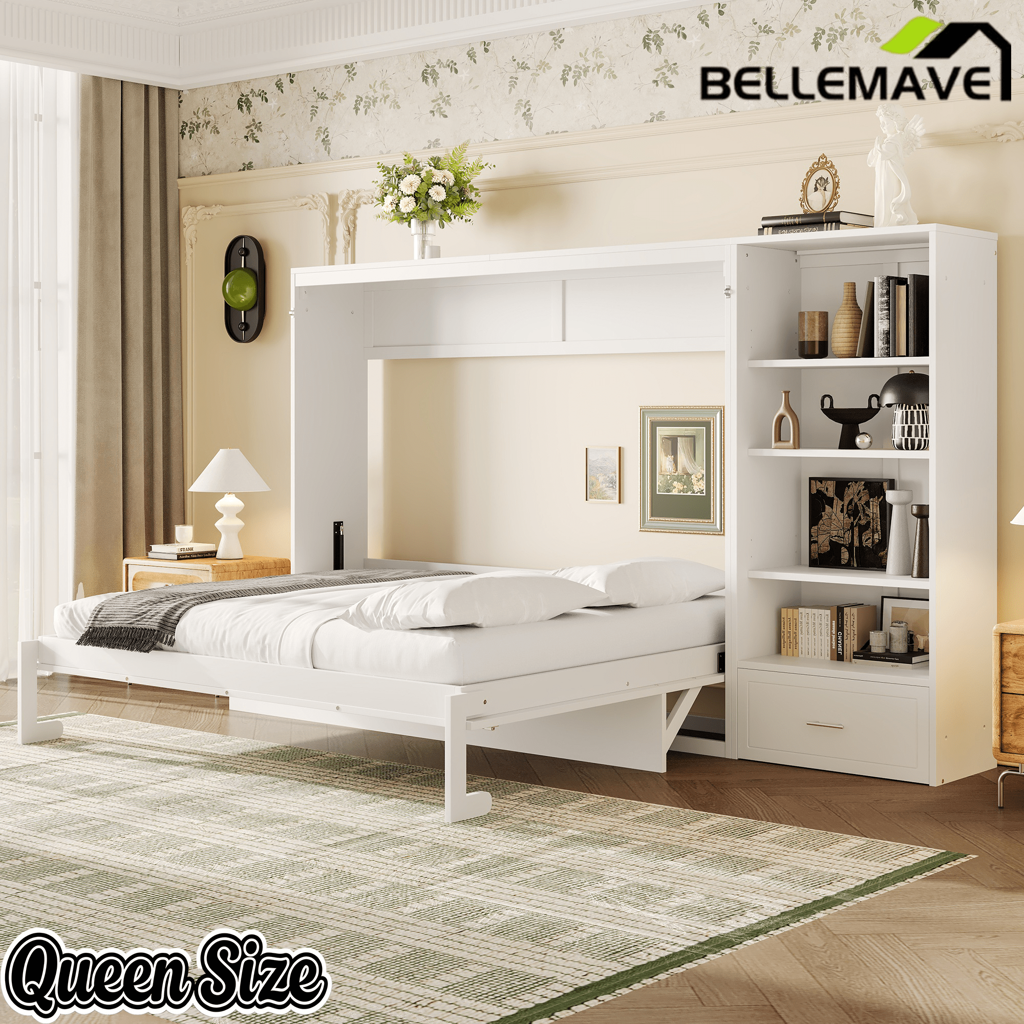 Bellemave® Queen Size Murphy Bed, Modern Folding Wall Bed with Storage Shelves & Drawer, Hidden Murphy Bed Frame for Small Spaces, Home Office - Bellemave