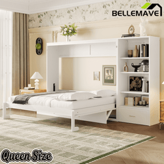 Bellemave® Queen Size Murphy Bed, Modern Folding Wall Bed with Storage Shelves & Drawer, Hidden Murphy Bed Frame for Small Spaces, Home Office - Bellemave