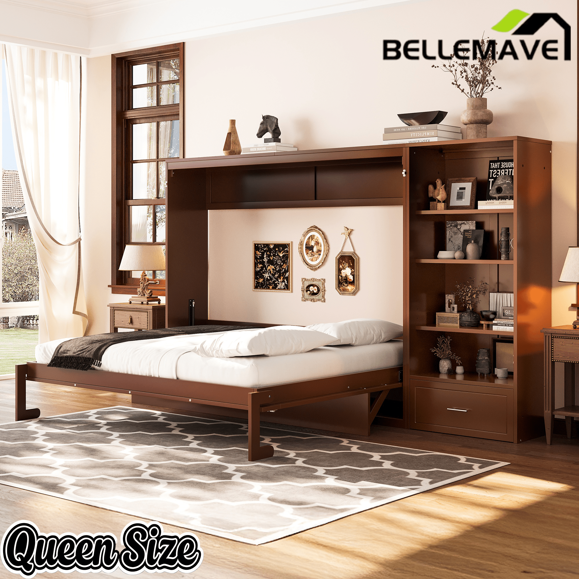 Bellemave® Queen Size Murphy Bed, Modern Folding Wall Bed with Storage Shelves & Drawer, Hidden Murphy Bed Frame for Small Spaces, Home Office - Bellemave